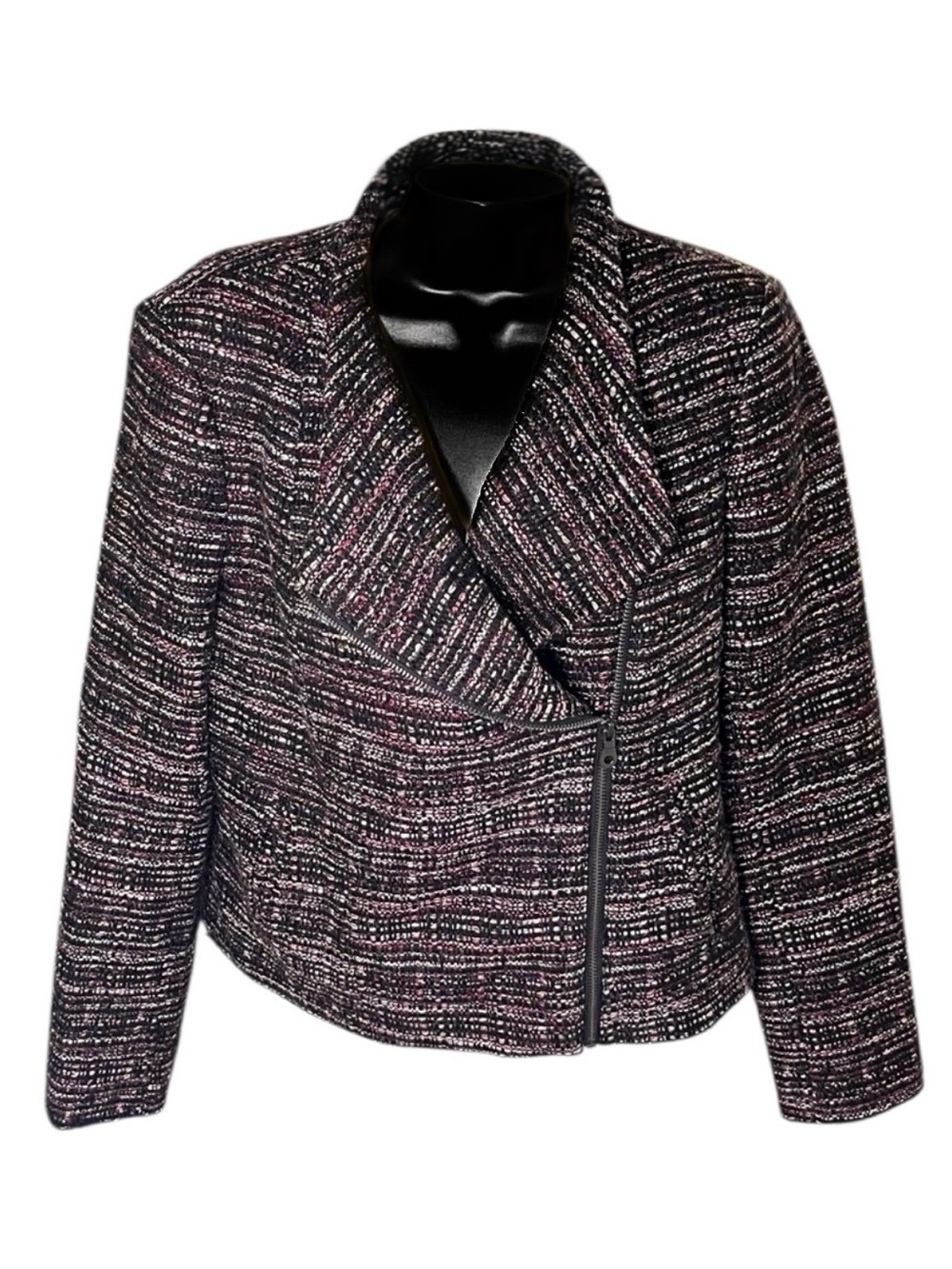 Banana Republic Black & Pink Tweed Asymmetric Zip Moto Style Jacket